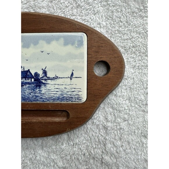 Delft Blue Windmill Cheese Board Charcuterie VTG Tile + Teak Wood Antique - Picture 4 of 16